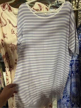 Gold Hawk Lux Silk Striped Lilac Dress With Lace Sleeve Edging&Hem $286 MSRP